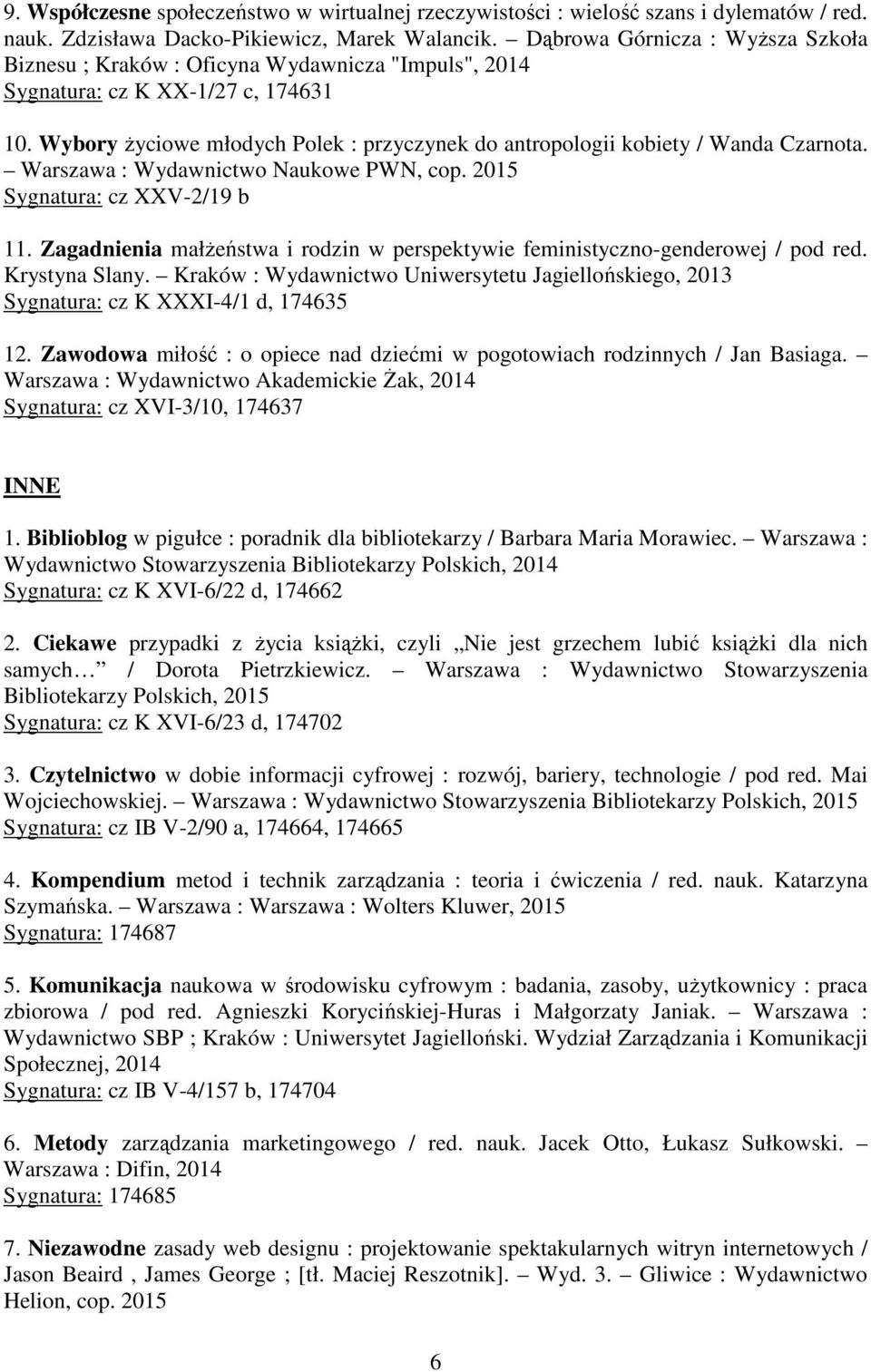 Wybory życiowe młodych Polek : przyczynek do antropologii kobiety / Wanda Czarnota. Warszawa : Wydawnictwo Naukowe PWN, cop. 2015 Sygnatura: cz XXV-2/19 b 11.