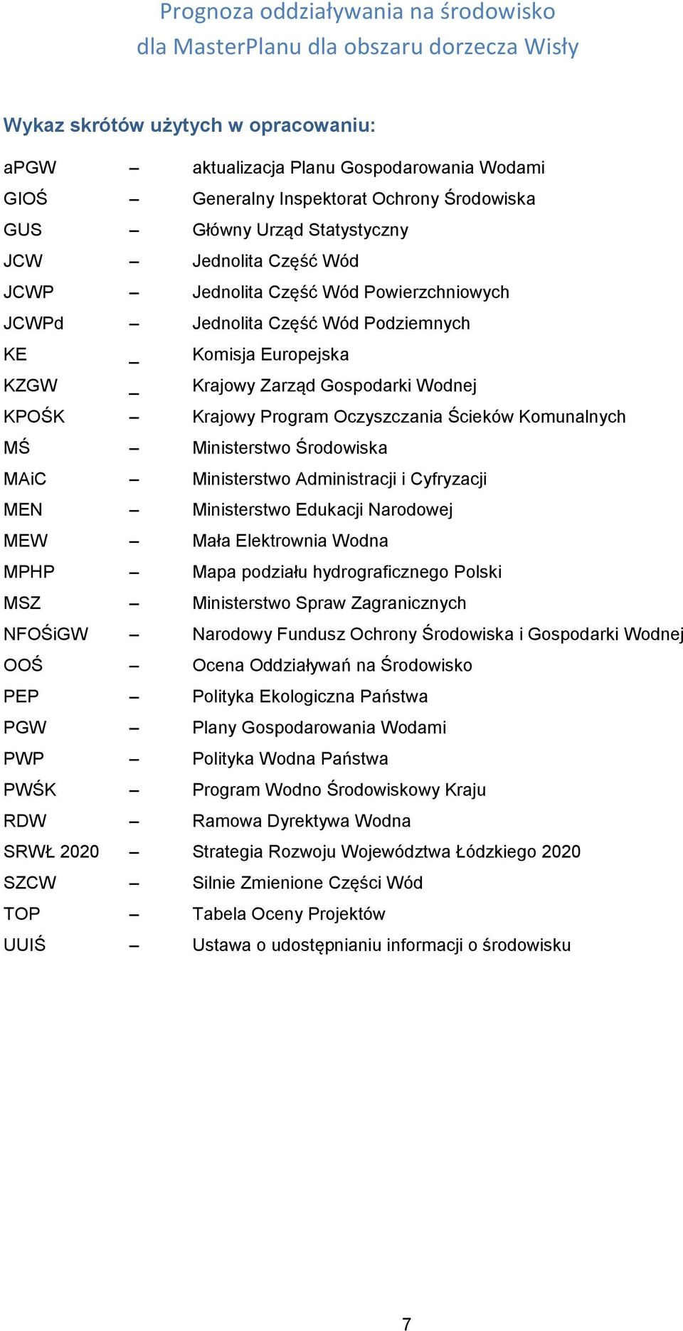 Środowiska MAiC Ministerstwo Administracji i Cyfryzacji MEN Ministerstwo Edukacji Narodowej MEW Mała Elektrownia Wodna MPHP Mapa podziału hydrograficznego Polski MSZ Ministerstwo Spraw Zagranicznych