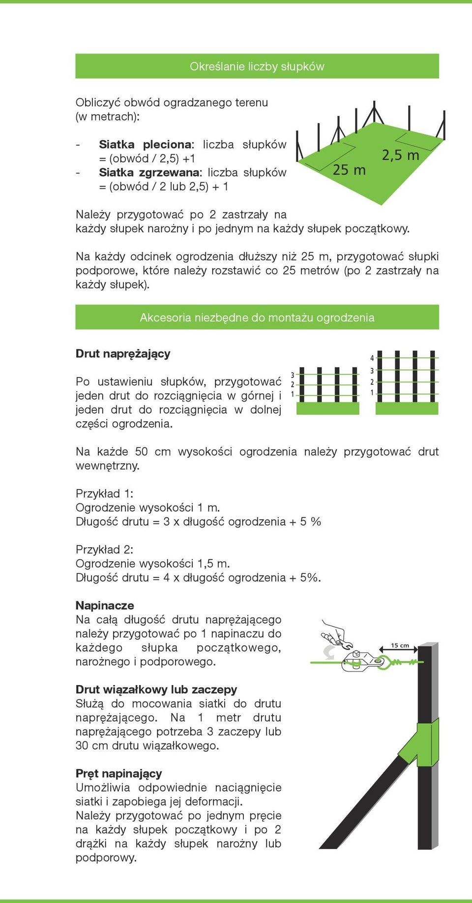 Na każdy odcinek ogrodzenia dłuższy niż 25 m, przygotować słupki podporowe, które należy rozstawić co 25 metrów (po 2 zastrzały na każdy słupek).