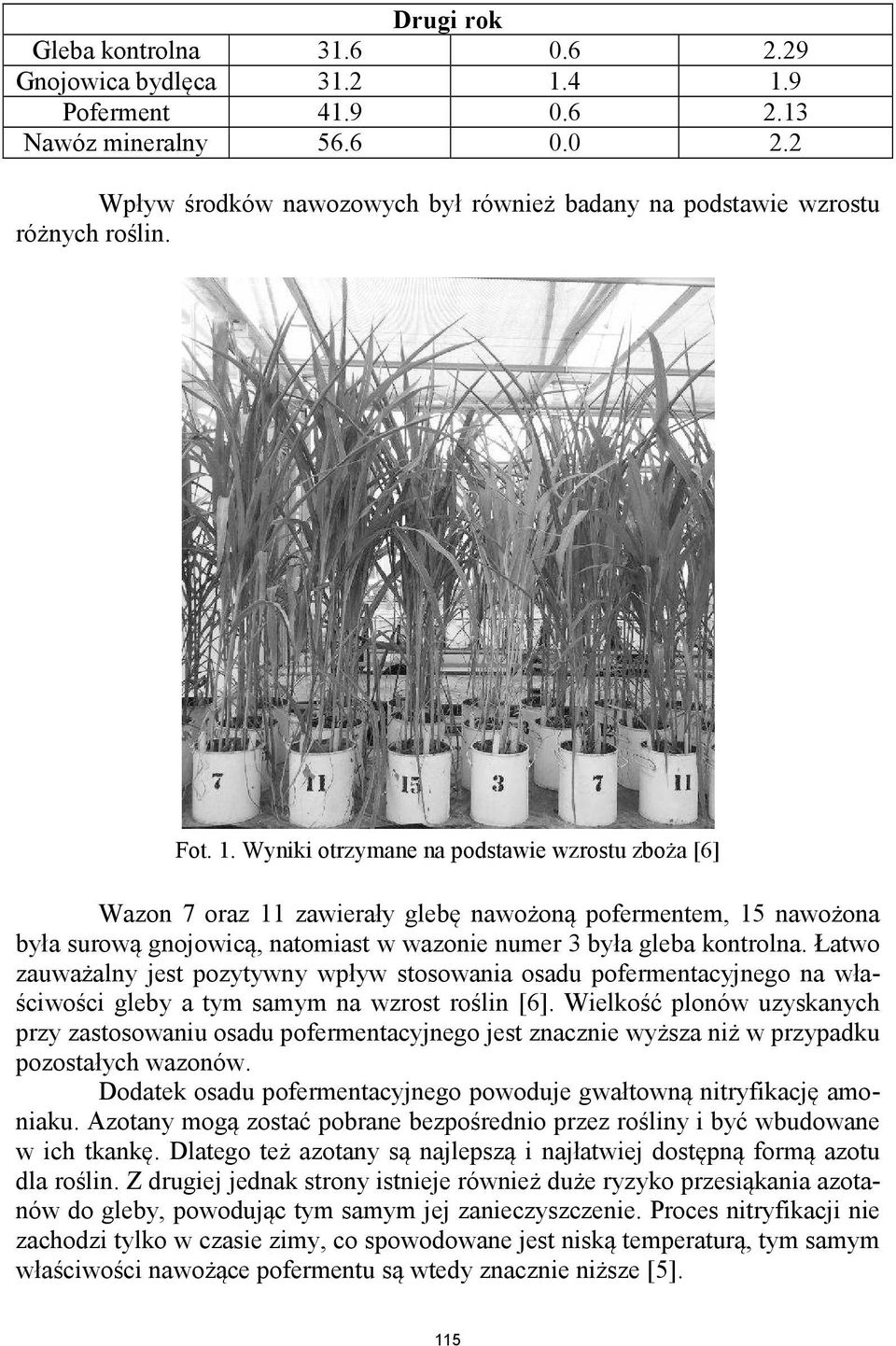 Wyniki otrzymane na podstawie wzrostu zboża [6] Wazon 7 oraz 11 zawierały glebę nawożoną pofermentem, 15 nawożona była surową gnojowicą, natomiast w wazonie numer 3 była gleba kontrolna.