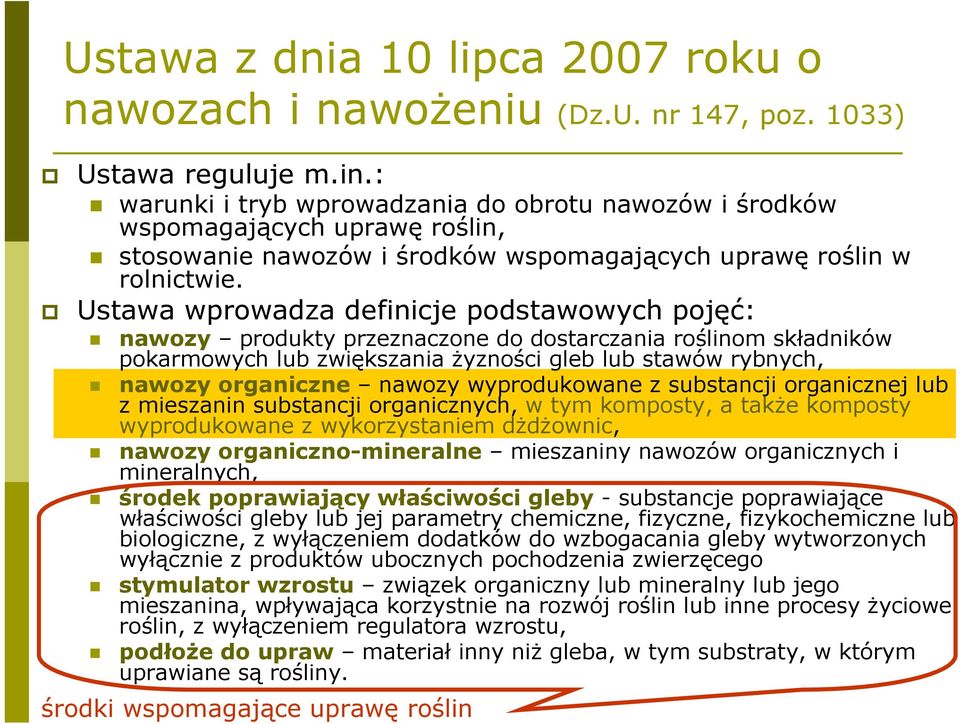 Ustawa wprowadza definicje podstawowych pojęć: nawozy produkty przeznaczone do dostarczania roślinom składników pokarmowych lub zwiększania żyzności gleb lub stawów rybnych, nawozy organiczne nawozy