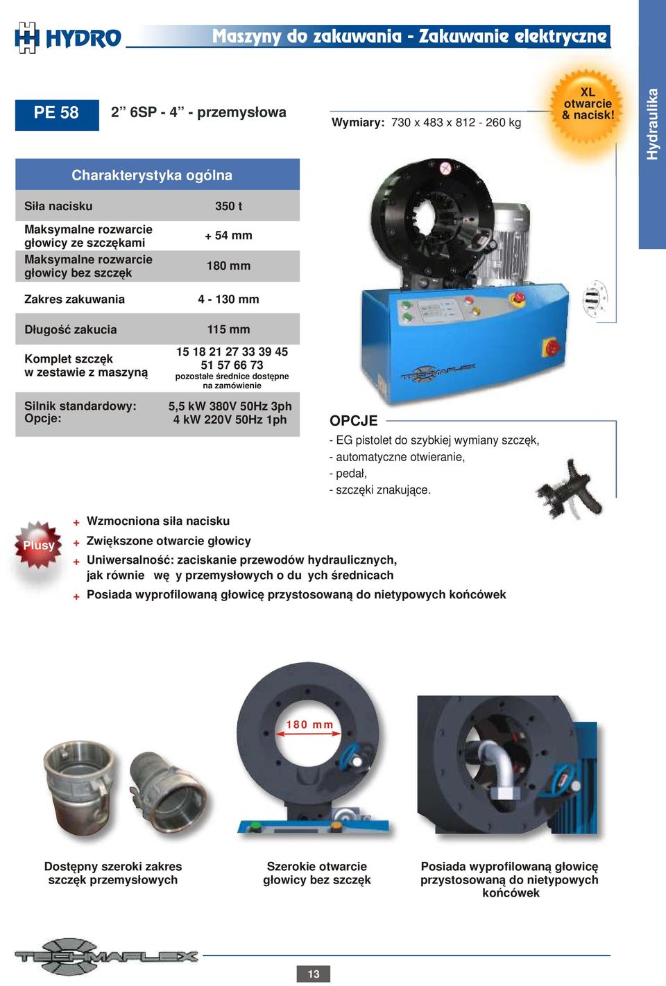 pozostałe średnice dostępne na zamówienie 5,5 kw 380V 50Hz 3ph 4 kw 220V 50Hz 1ph OPCJE - EG pistolet do szybkiej wymiany szczęk, - automatyczne otwieranie, - pedał, - szczęki znakujące.