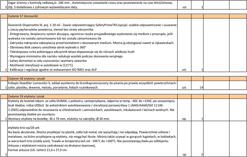 1-10 ml - Zawór odpowietrzający SafetyPrimeTM (opcja): szybkie odpowietrzanie i usuwanie z cieczy pęcherzyków powietrza, niemal bez straty odczynnika - Zintegrowany, bezpieczny system dozujący,