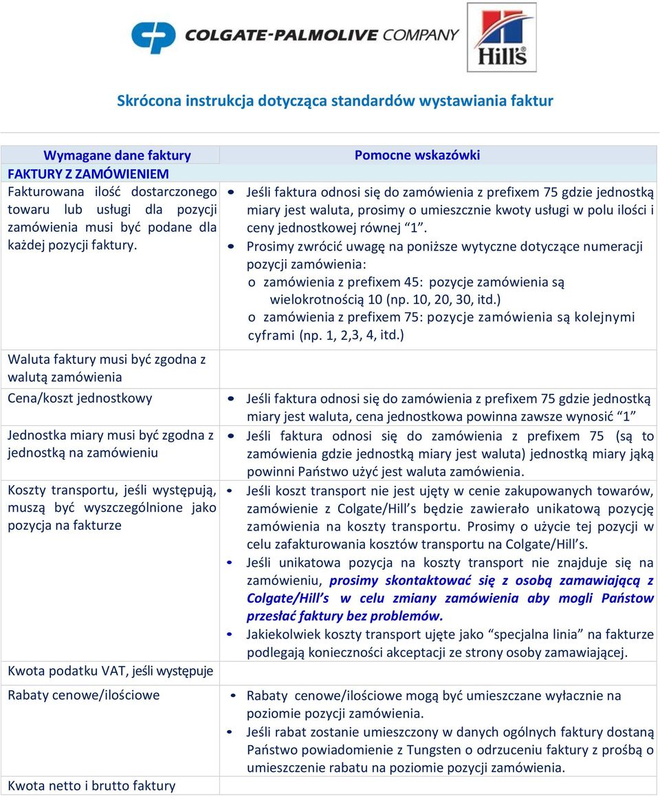 pozycja na fakturze Kwota podatku VAT, jeśli występuje Rabaty cenowe/ilościowe Kwota netto i brutto faktury Jeśli faktura odnosi się do zamówienia z prefixem 75 gdzie jednostką miary jest waluta,