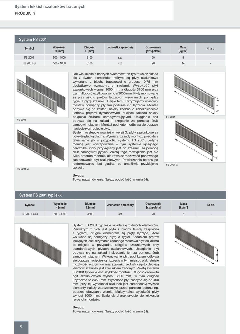 20 14 - FS 2001 FS 2001 G Jak większość z naszych systemów ten typ również składa się z dwóch elementów, którymi są płyty szalunkowe wykonane z blachy trapezowej o grubości 0,75 mm dodatkowo