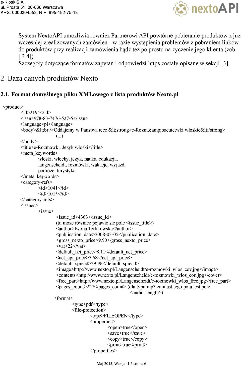 Format domyślnego pliku XMLowego z lista produktów Nexto.