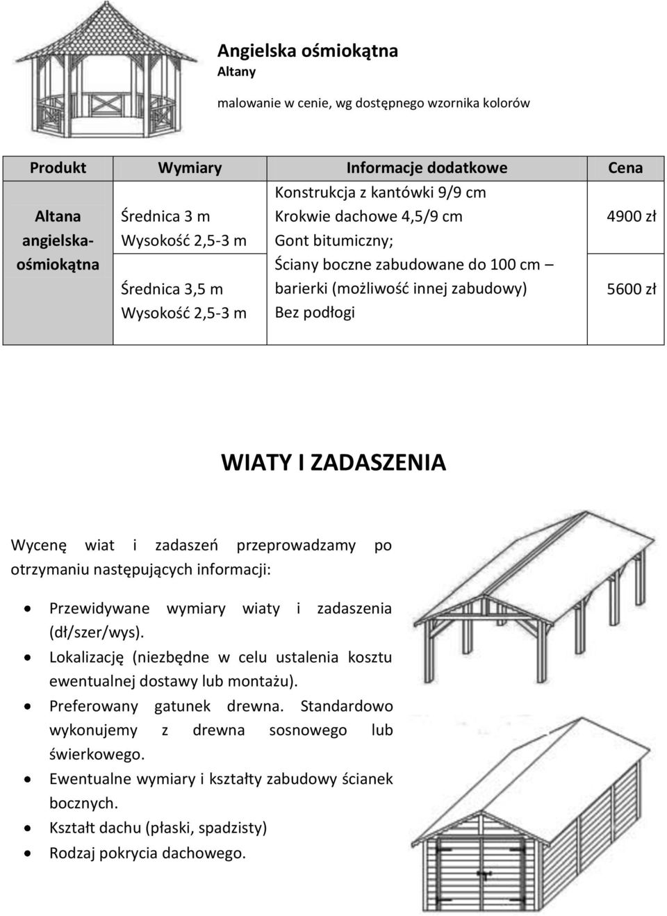 przeprowadzamy po otrzymaniu następujących informacji: Przewidywane wymiary wiaty i zadaszenia (dł/szer/wys). Lokalizację (niezbędne w celu ustalenia kosztu ewentualnej dostawy lub montażu).