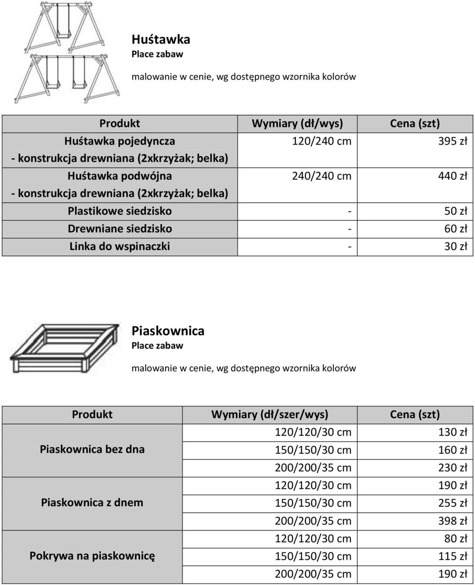 zł Piaskownica Place zabaw Produkt Wymiary (dł/szer/wys) Cena (szt) Piaskownica bez dna Piaskownica z dnem Pokrywa na piaskownicę 120/120/30 cm 130 zł