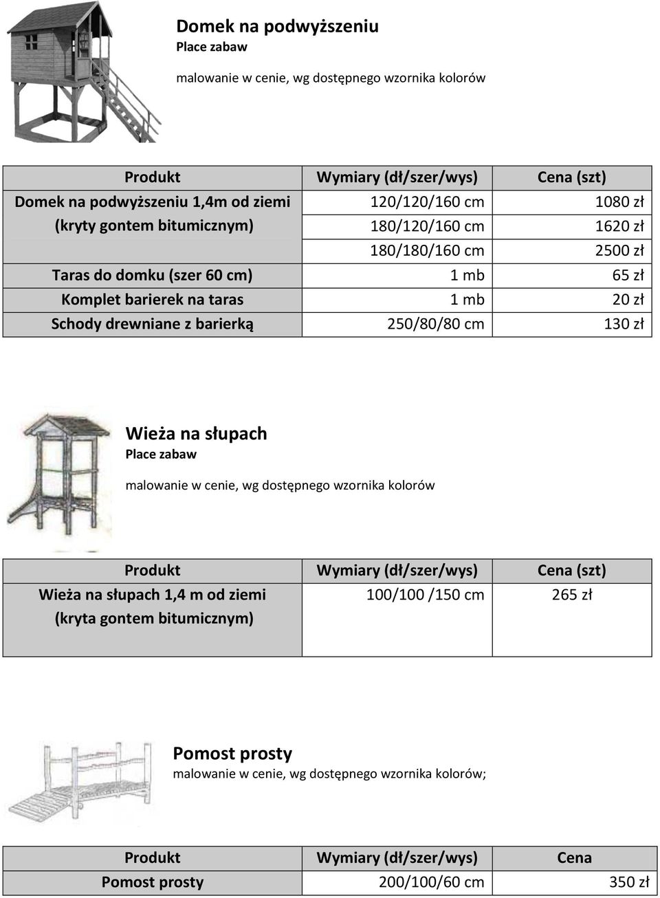 zł Schody drewniane z barierką 250/80/80 cm 130 zł Wieża na słupach Place zabaw Produkt Wymiary (dł/szer/wys) Cena (szt) Wieża na słupach 1,4