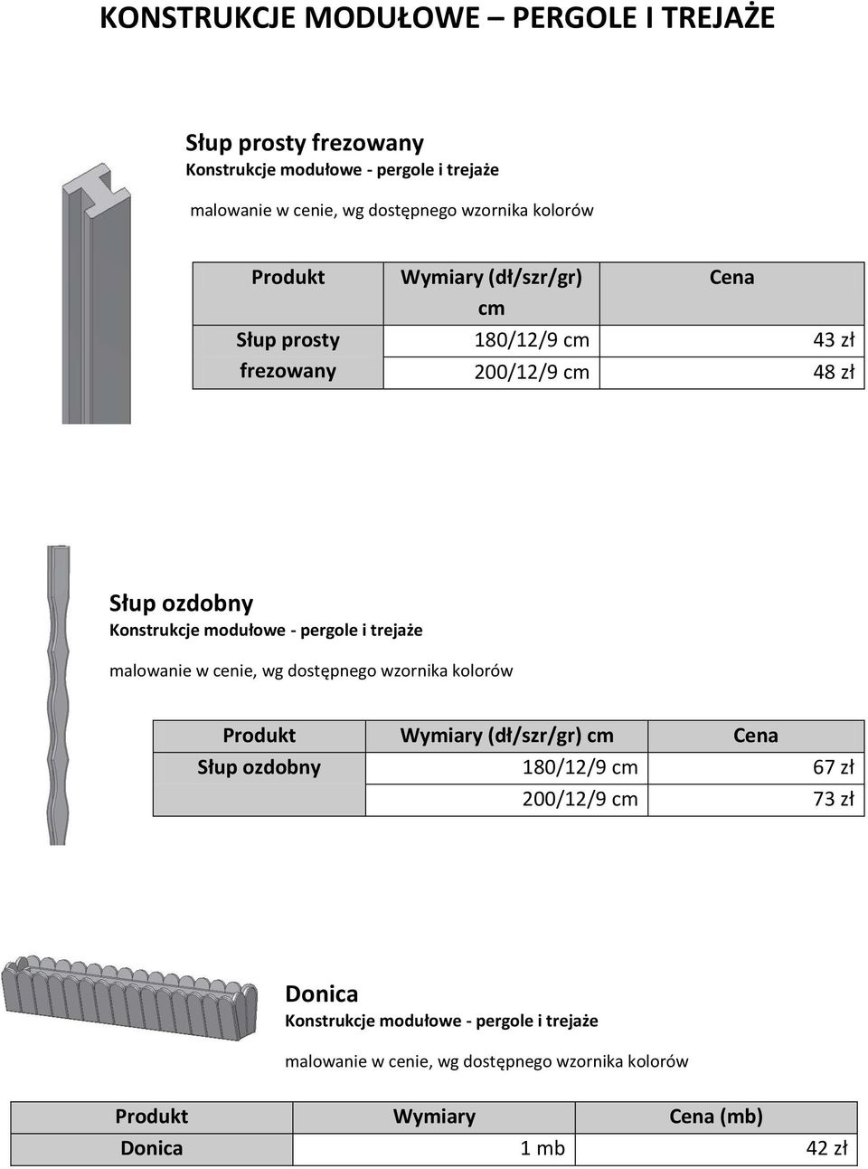 Konstrukcje modułowe - pergole i trejaże Produkt Wymiary (dł/szr/gr) cm Cena Słup ozdobny 180/12/9 cm 67