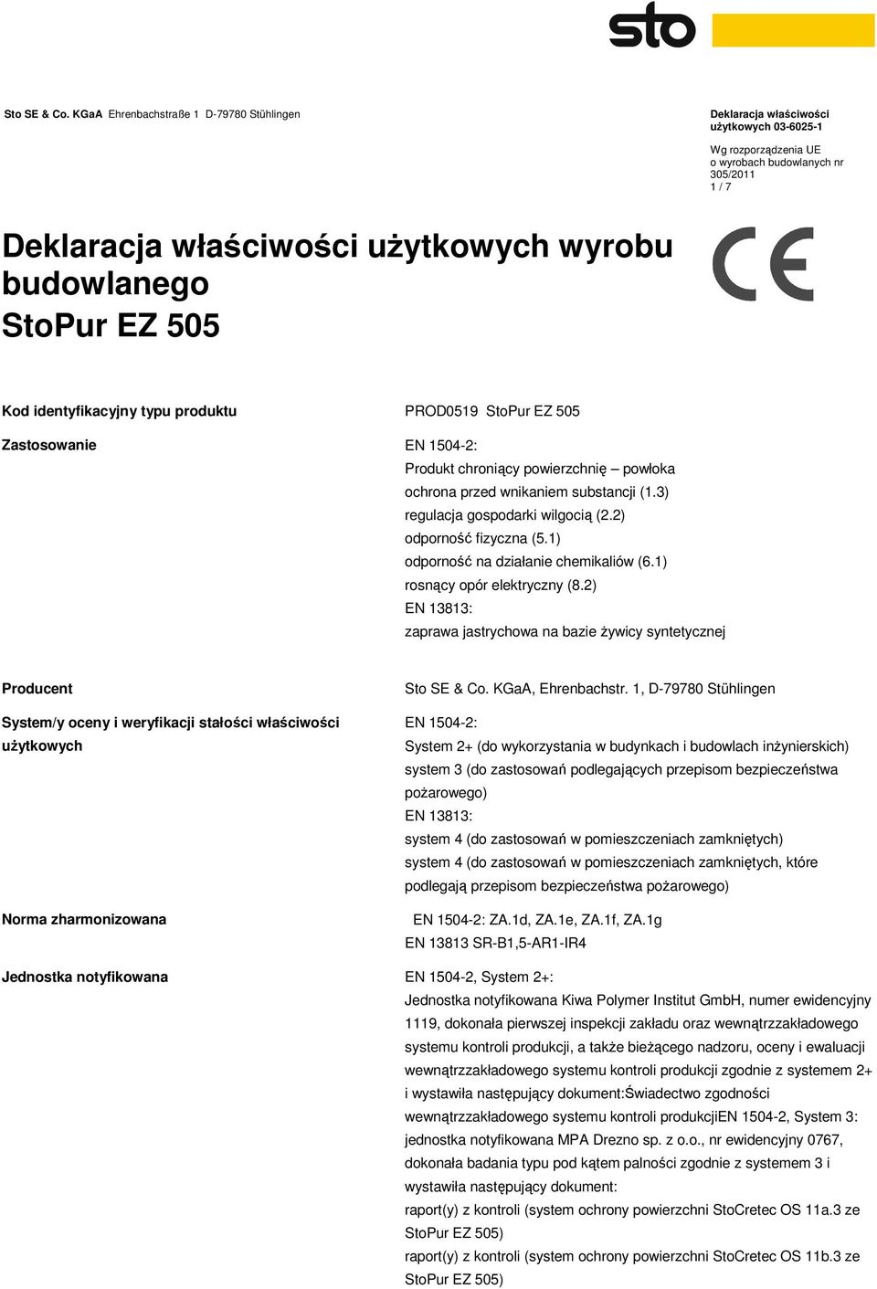 2) EN 13813: zaprawa jastrychowa na bazie żywicy syntetycznej Producent System/y oceny i weryfikacji stałości właściwości użytkowych Norma zharmonizowana Sto SE & Co. KGaA, Ehrenbachstr.