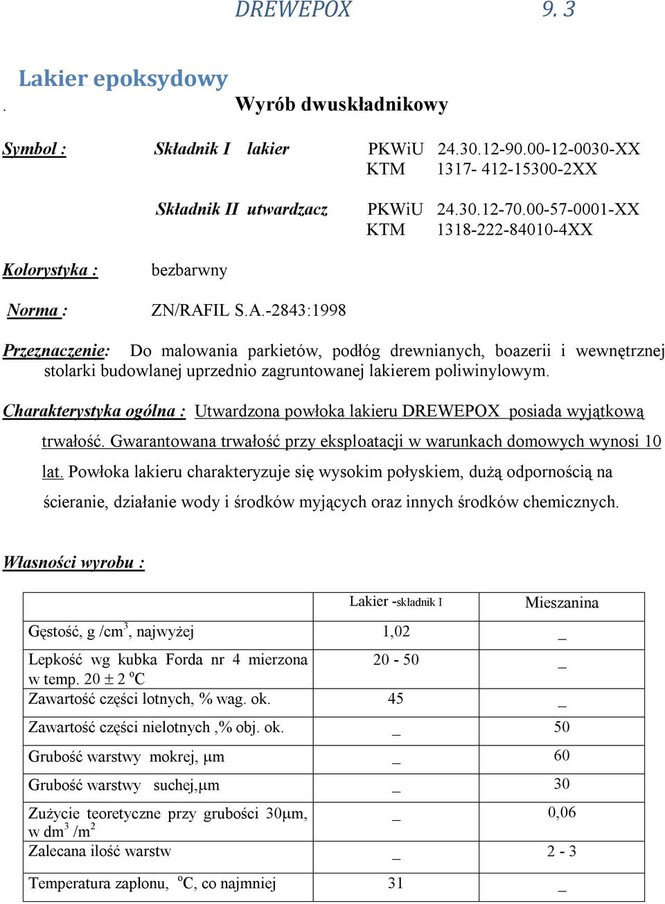 IL S.A.-2843:1998 Przeznaczenie: Do malowania parkietów, podłóg drewnianych, boazerii i wewnętrznej stolarki budowlanej uprzednio zagruntowanej lakierem poliwinylowym.