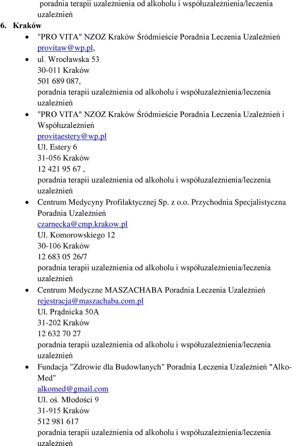Estery 6 31-056 Kraków 12 421 95 67, Centrum Medycyny Profilaktycznej Sp. z o.o. Przychodnia Specjalistyczna Poradnia Uzależnień czarnecka@cmp.krakow.pl Ul.