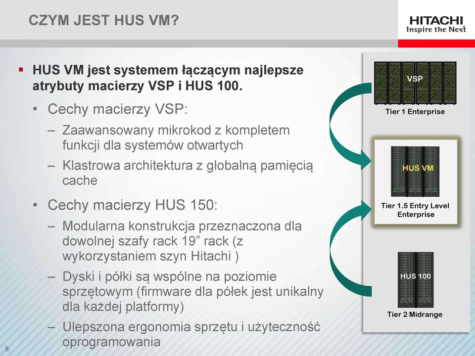 HUS 150: Modularna konstrukcja przeznaczona dla dowolnej szafy rack 19 rack (z wykorzystaniem szyn Hitachi ) Dyski i półki są wspólne na poziomie