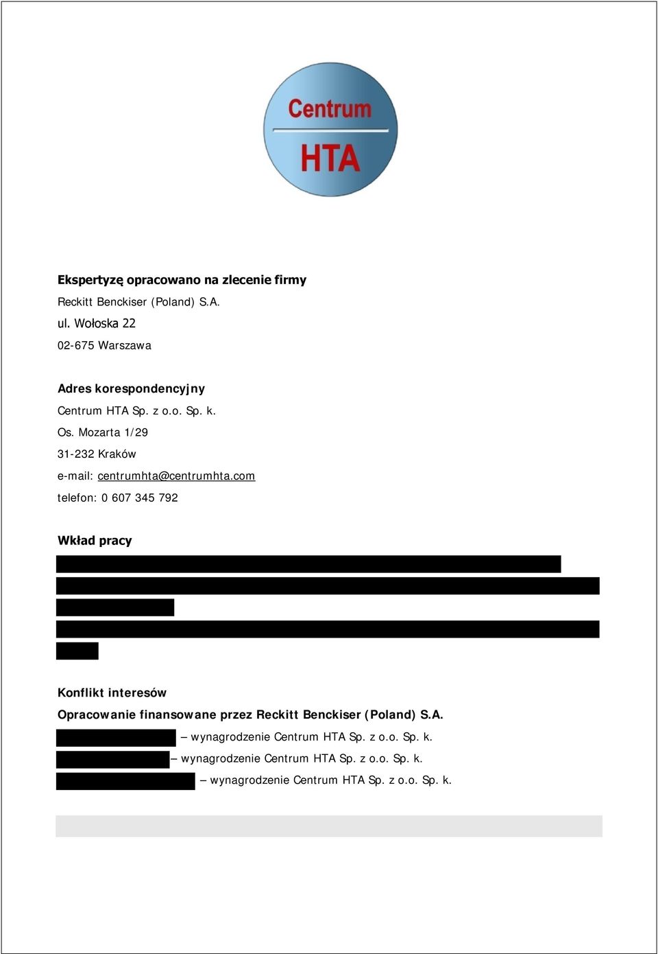 Mozarta 1/29 31-232 Kraków e-mail: centrumhta@centrumhta.
