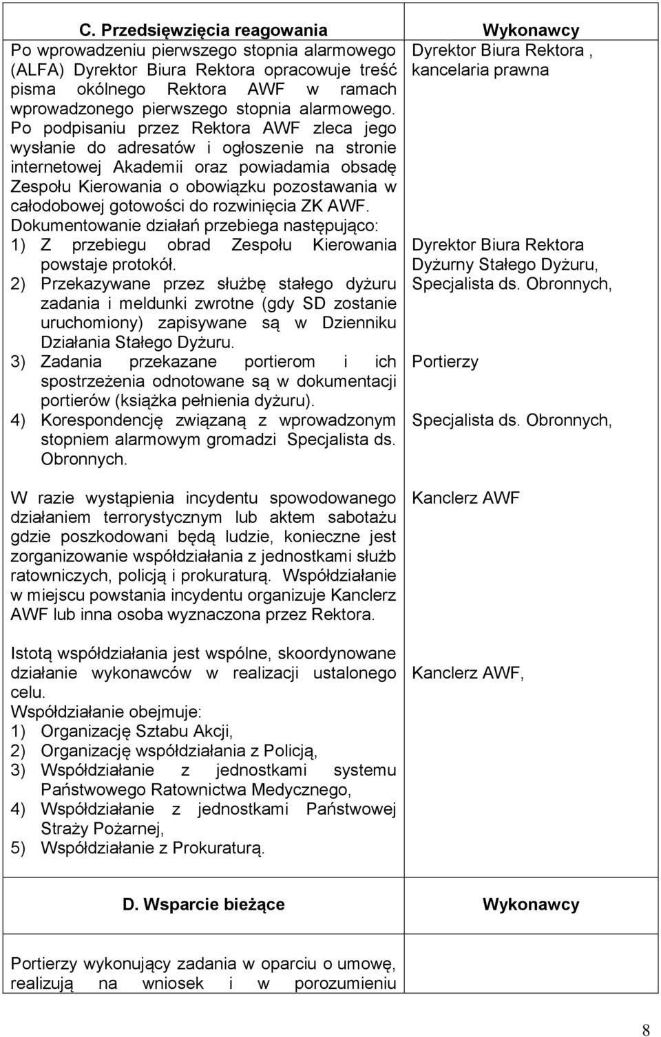 Po podpisaniu przez Rektora AWF zleca jego wysłanie do adresatów i ogłoszenie na stronie internetowej Akademii oraz powiadamia obsadę Zespołu Kierowania o obowiązku pozostawania w całodobowej