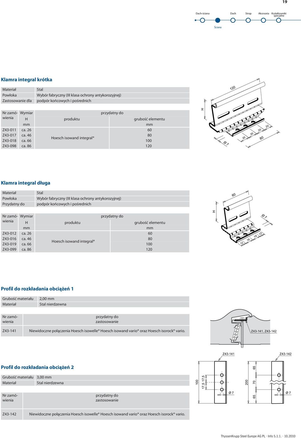 86 120 Klamra integral długa Materiał Powłoka Przydatny do Stal Wybór fabryczny (III klasa ochrony antykorozyjnej) podpór końcowych i pośrednich Wymiar H grubość elementu Z43-012 ca. 26 60 Z43-016 ca.