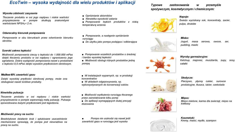 Opróżnianie zbiorników Niewielka wysokość zalania Pompowanie lepkich produktów z niską temperaturą wrzenia Typowe zastosowania w przemyśle spożywczym, kosmetycznym i chemicznym: Napoje: Świeżo