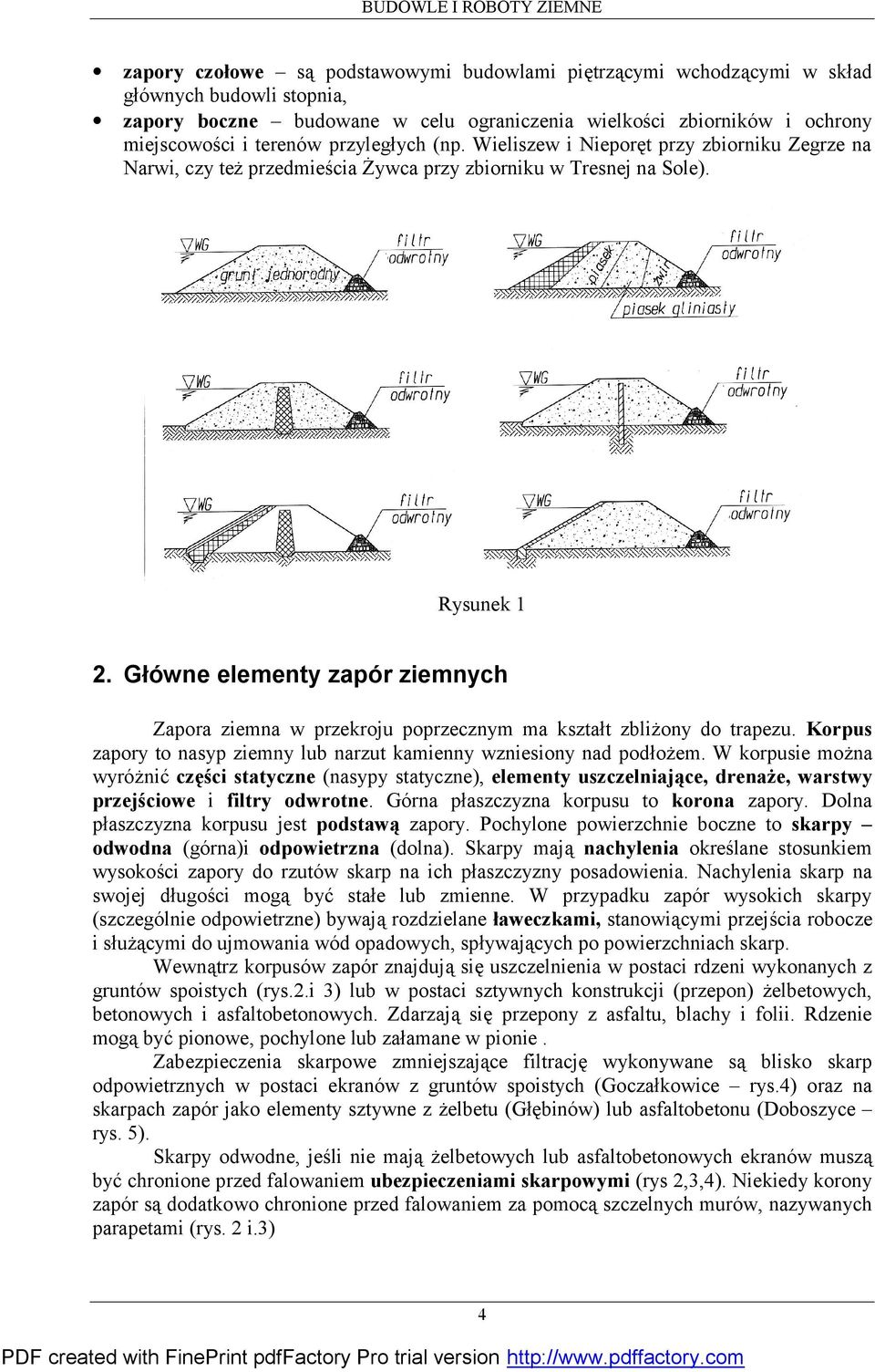 Główne elementy zapór ziemnych Zapora ziemna w przekroju poprzecznym ma kształt zbliżony do trapezu. Korpus zapory to nasyp ziemny lub narzut kamienny wzniesiony nad podłożem.