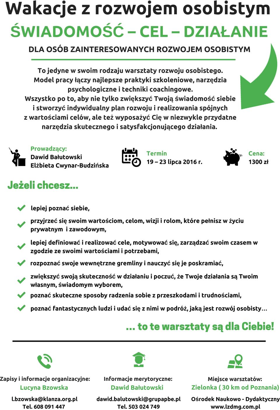 Wszystko po to, aby nie tylko zwiększyć Twoją świadomość siebie i stworzyć indywidualny plan rozwoju i realizowania spójnych z wartościami celów, ale też wyposażyć Cię w niezwykle przydatne narzędzia