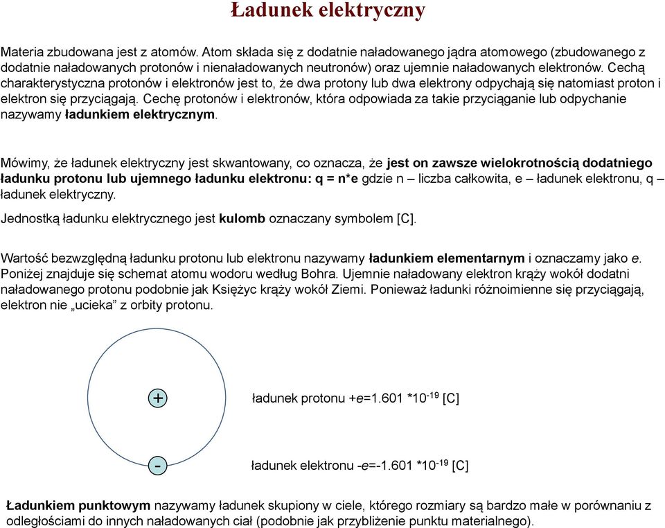 Cechą charakterystyczna protonów i elektronów jest to, że dwa protony lub dwa elektrony odpychają się natomiast proton i elektron się przyciągają.