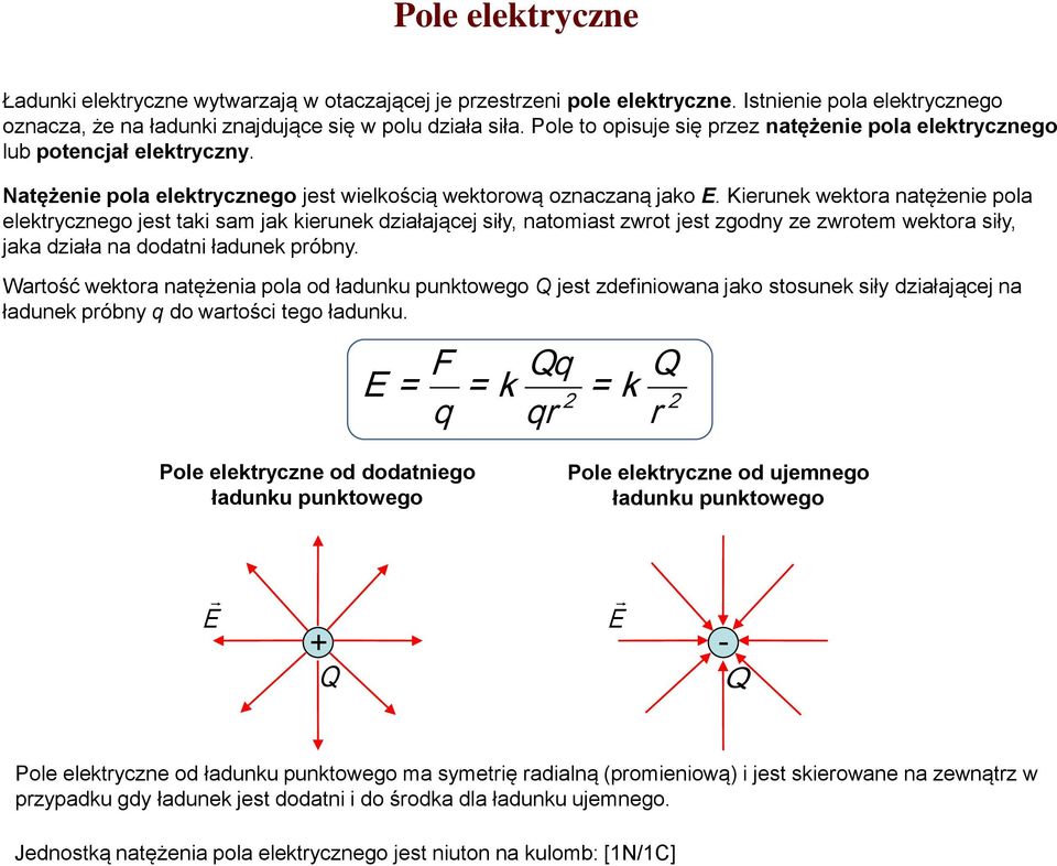 Kierunek wektora natężenie pola elektrycznego jest taki sam jak kierunek działającej siły, natomiast zwrot jest zgodny ze zwrotem wektora siły, jaka działa na dodatni ładunek próbny.