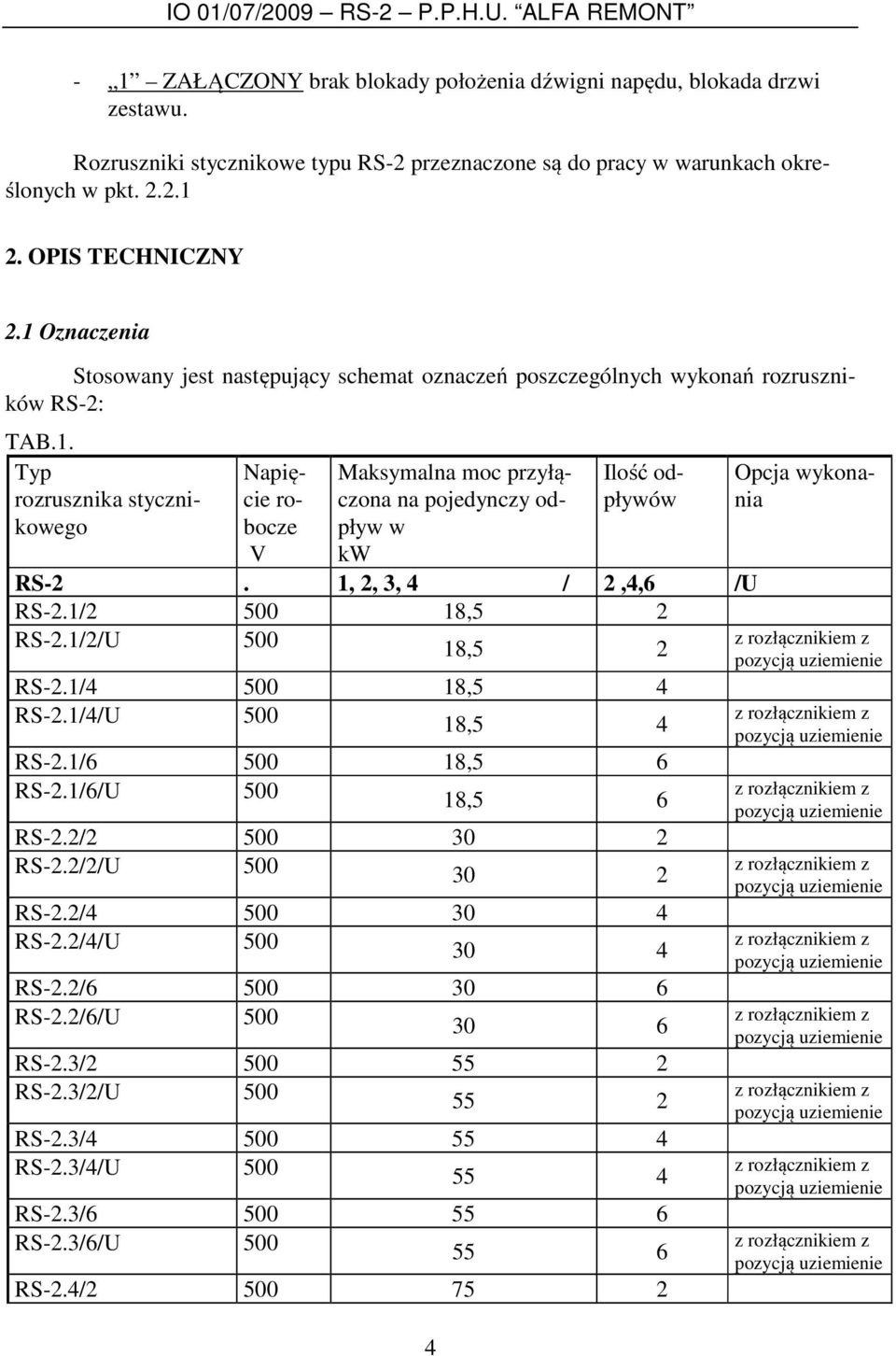 1, 2, 3, 4 / 2,4,6 /U RS-2.1/2 500 18,5 2 RS-2.1/2/U 500 18,5 2 RS-2.1/4 500 18,5 4 RS-2.1/4/U 500 18,5 4 RS-2.1/6 500 18,5 6 RS-2.1/6/U 500 18,5 6 RS-2.2/2 500 30 2 RS-2.2/2/U 500 30 2 RS-2.
