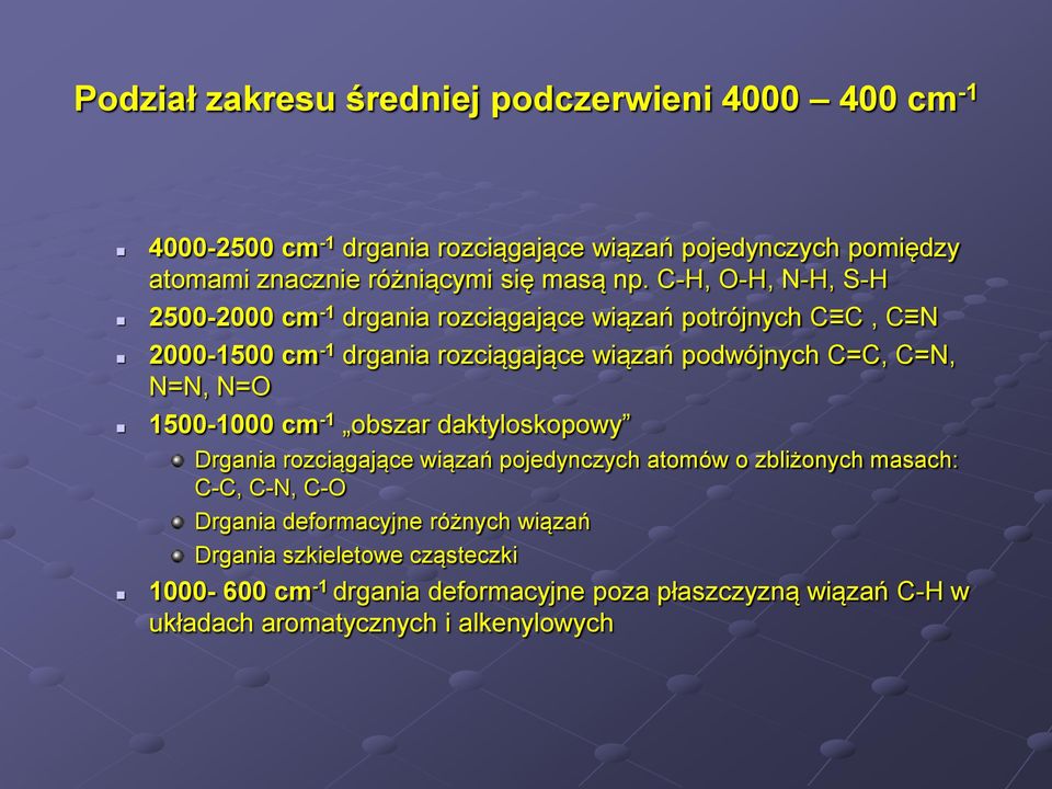 C-H, O-H, N-H, S-H 2500-2000 cm -1 drgania rozciągające wiązań potrójnych C C, C N 2000-1500 cm -1 drgania rozciągające wiązań podwójnych C=C, C=N,