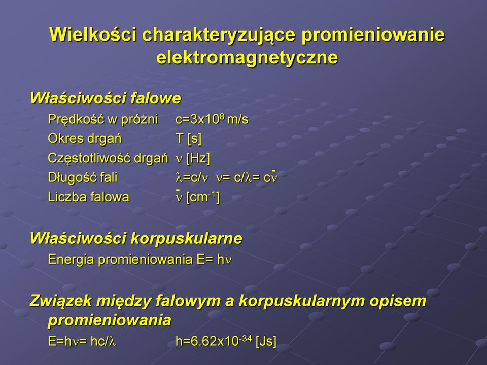 Liczba falowa [cm -1 ] =c/ = c/ = c Właściwości korpuskularne Energia promieniowania E=