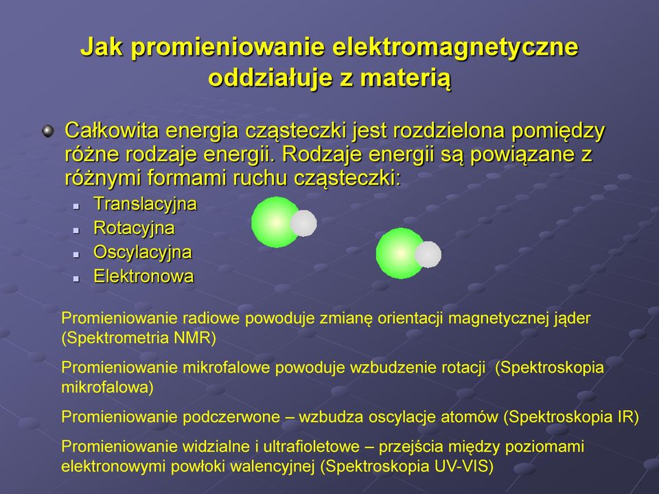 orientacji magnetycznej jąder (Spektrometria NMR) Promieniowanie mikrofalowe powoduje wzbudzenie rotacji (Spektroskopia mikrofalowa) Promieniowanie