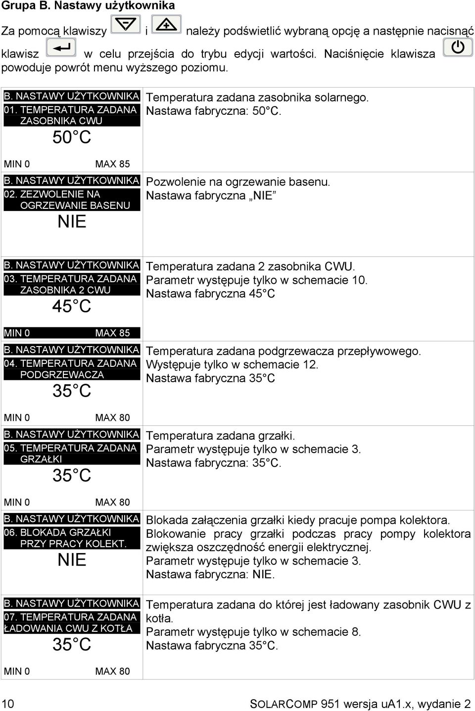 ZEZWOLENIE NA OGRZEWANIE BASENU NIE Temperatura zadana zasobnika solarnego. Nastawa fabryczna: 50 C. Pozwolenie na ogrzewanie basenu. Nastawa fabryczna NIE B. NASTAWY UŻYTKOWNIKA 03.