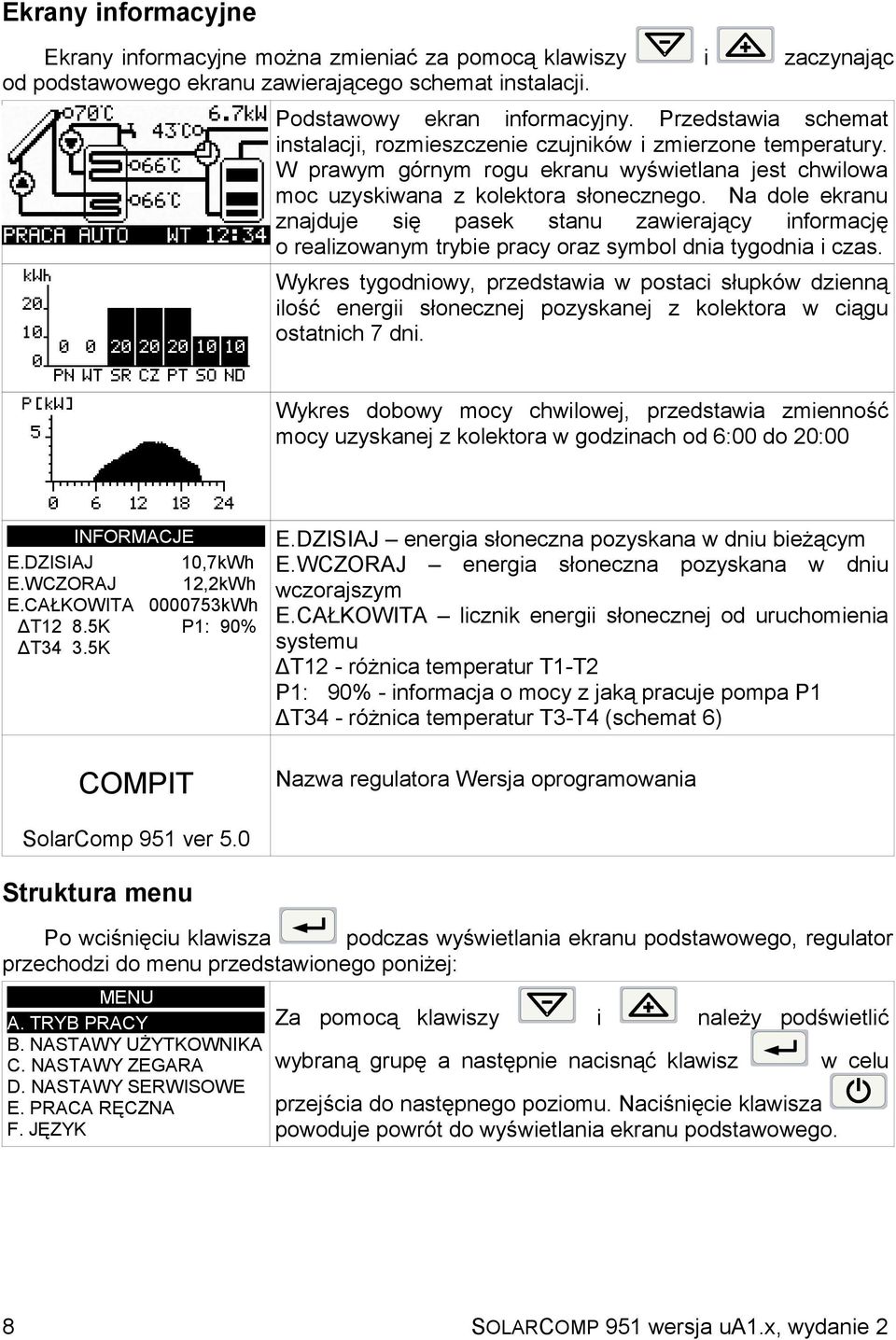 Na dole ekranu znajduje się pasek stanu zawierający informację o realizowanym trybie pracy oraz symbol dnia tygodnia i czas.