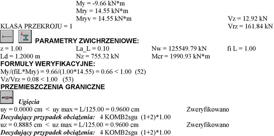 00*14.55) = 0.66 < 1.00 (5) Vz/Vrz = 0.08 < 1.00 (53) PRZEMIESZCZENIA GRANICZNE Ugięcia uy = 0.0000 cm < uy max = L/15.00 = 0.
