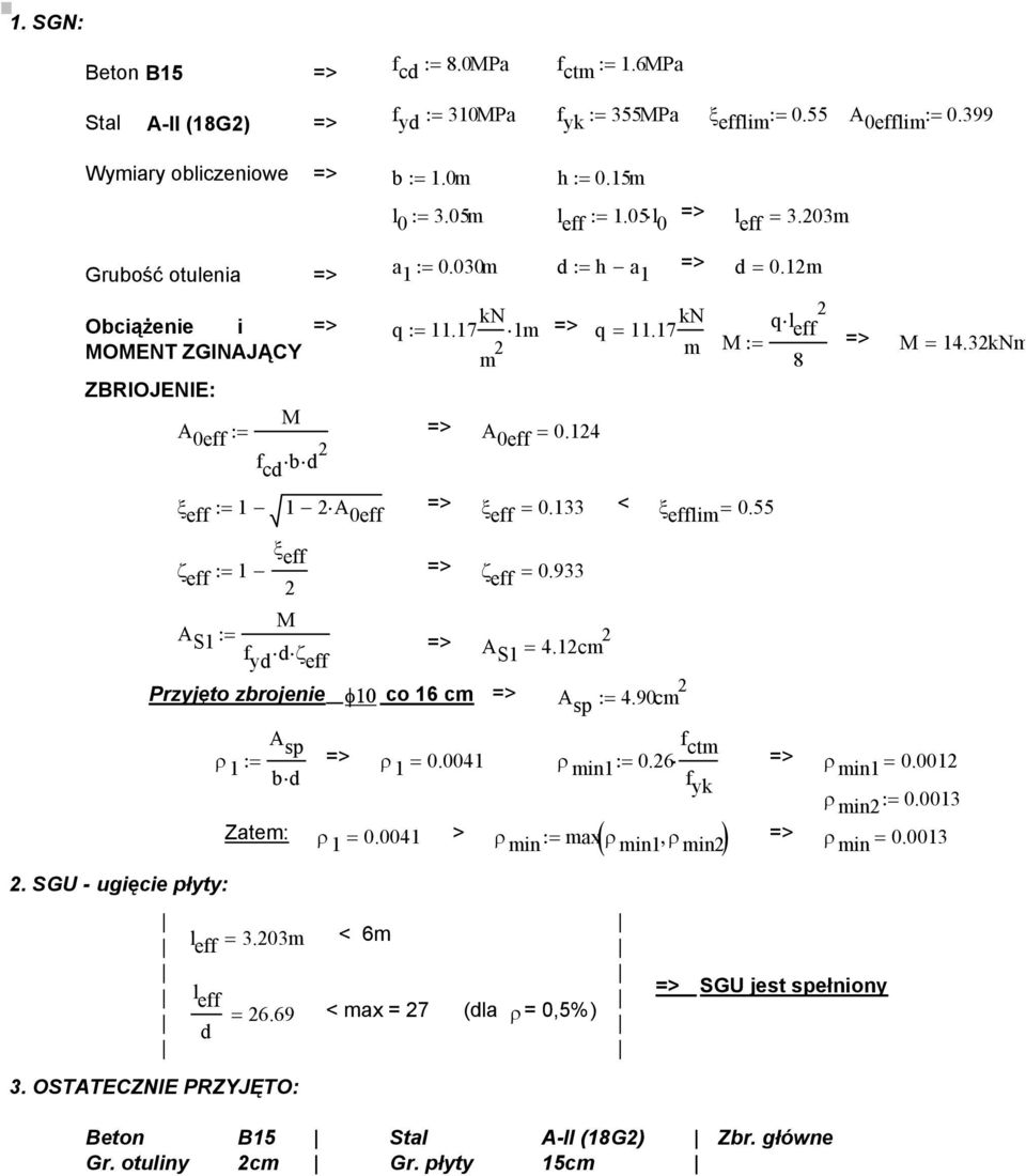 14 ql eff M := M = 14.3kNm 8 ξ eff := 1 1 A 0eff ξ eff = 0.133 < ξ efflim = 0.55. SGU - ugięcie płyty: ξ eff ζ eff := 1 ζ eff = 0.933 M A S1 := f yd d ζ eff A S1 = 4.
