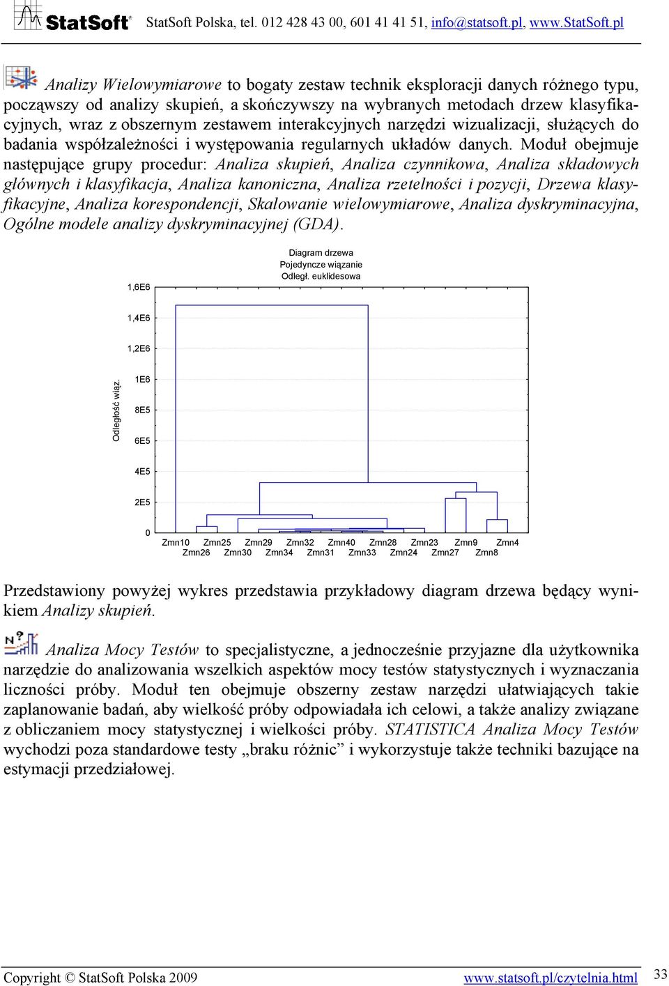 Moduł obejmuje następujące grupy procedur: Analiza skupień, Analiza czynnikowa, Analiza składowych głównych i klasyfikacja, Analiza kanoniczna, Analiza rzetelności i pozycji, Drzewa klasyfikacyjne,