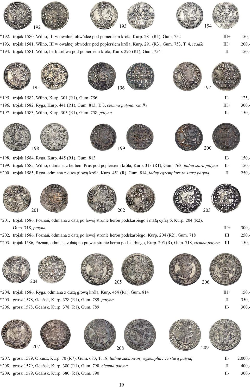 756 II- 125,- *196. trojak 1582, Ryga, Kurp. 441 (R1), Gum. 813, T. 3, ciemna patyna, rzadki III+ 300,- *197. trojak 1583, Wilno, Kurp. 305 (R1), Gum. 758, patyna II- 150,- 198 199 200 *198.