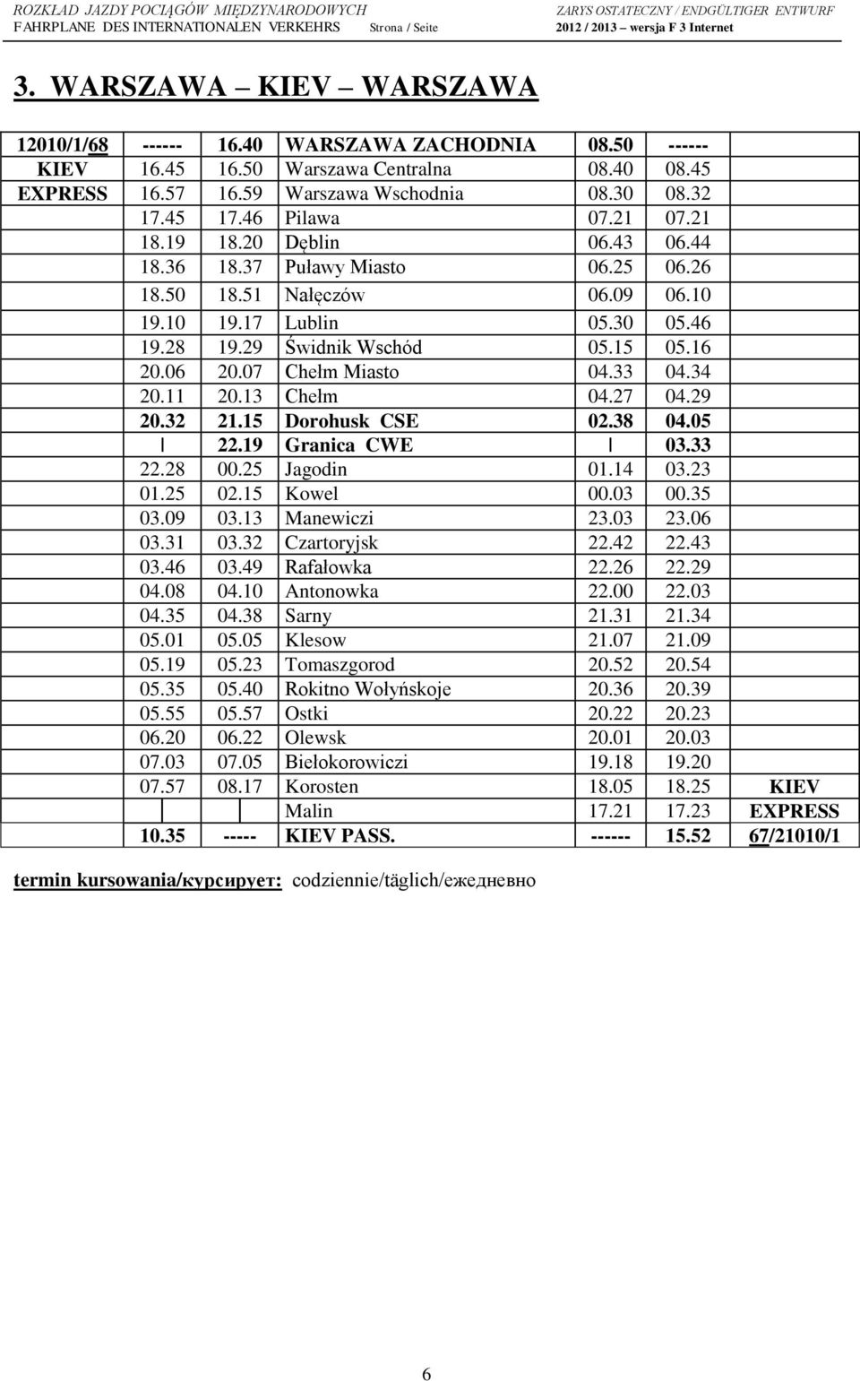 06 20.07 Chełm Miasto 04.33 04.34 20.11 20.13 Chełm 04.27 04.29 20.32 21.15 Dorohusk CSE 02.38 04.05 22.19 Granica CWE 03.33 22.28 00.25 Jagodin 01.14 03.23 01.25 02.15 Kowel 00.03 00.35 03.09 03.