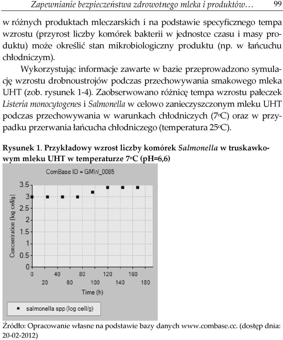 Wykorzystując informacje zawarte w bazie przeprowadzono symulację wzrostu drobnoustrojów podczas przechowywania smakowego mleka UHT (zob. rysunek 1-4).