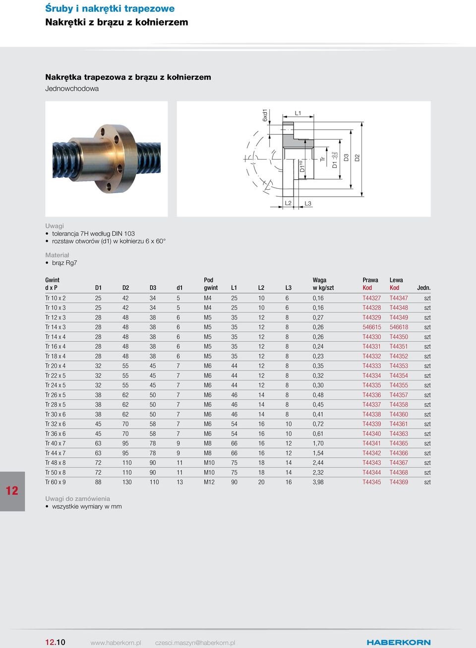 Tr 10 x 2 25 42 34 5 M4 25 10 6 0,16 T44327 T44347 szt Tr 10 x 3 25 42 34 5 M4 25 10 6 0,16 T44328 T44348 szt Tr x 3 28 48 38 6 M5 35 8 0,27 T44329 T44349 szt Tr 14 x 3 28 48 38 6 M5 35 8 0,26 546615