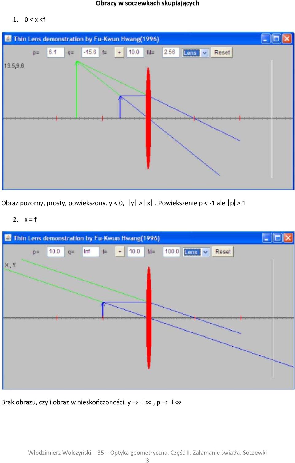 y < 0, y > x. Powiększenie p < -1 ale p > 1 2.