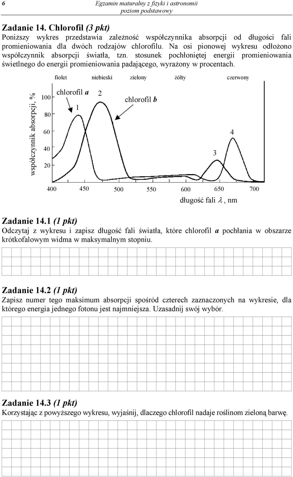 fiolet niebieski zielony żółty czerwony współczynnik absorpcji, % 00 chlorofil a 2 chlorofil b 80 60 40 20 4 400 450 500 550 600 650 700 długość fali λ, nm Zadanie 4.