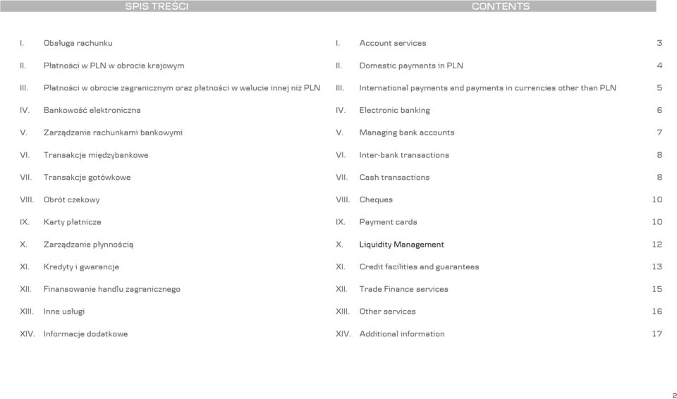 Zarządzanie rachunkami bankowymi V. Managing bank accounts 7 VI. Transakcje międzybankowe VI. Inter-bank transactions 8 VII. Transakcje gotówkowe VII. Cash transactions 8 VIII. Obrót czekowy VIII.
