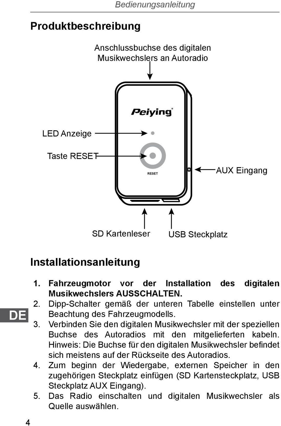 Verbinden Sie den digitalen Musikwechsler mit der speziellen Buchse des Autoradios mit den mitgelieferten kabeln.