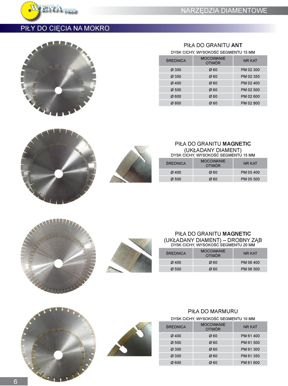 PM 05 400 Ø 500 Ø 60 PM 05 500 Piła do granitu Magnetic (układany diament) drobny ząb DYSK CICHY, WYSOKOŚĆ SEGMENTU 20 MM Ø 400 Ø 60 PM 06 400 Ø 500 Ø 60 PM 06