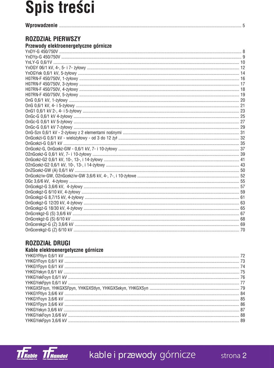 .. 23 OnGc-G / kv -żyłowy... OnGc-G / kv 5-żyłowy... 27 OnGc-G / kv 7-żyłowy... 29 OnG-Szn / kv - 2-żyłowy z 2 elementami nośnymi... 3 OnGcekżi-G / kv - wielożyłowy - od 3 do 2 żył.