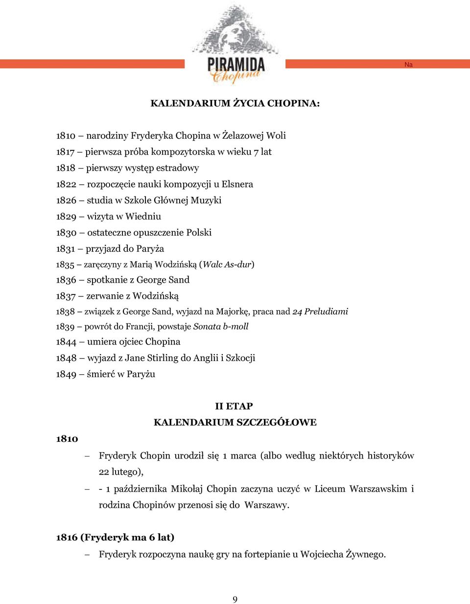 zerwanie z Wodzińską 1838 związek z George Sand, wyjazd na Majorkę, praca nad 24 Preludiami 1839 powrót do Francji, powstaje Sonata b-moll 1844 umiera ojciec Chopina 1848 wyjazd z Jane Stirling do