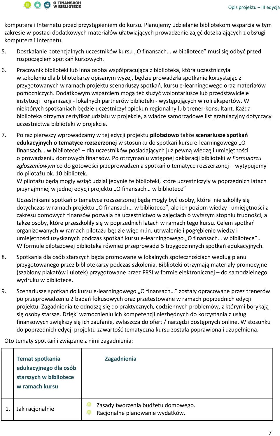 Doszkalanie potencjalnych uczestników kursu O finansach w bibliotece musi się odbyć przed rozpoczęciem spotkań kursowych. 6.