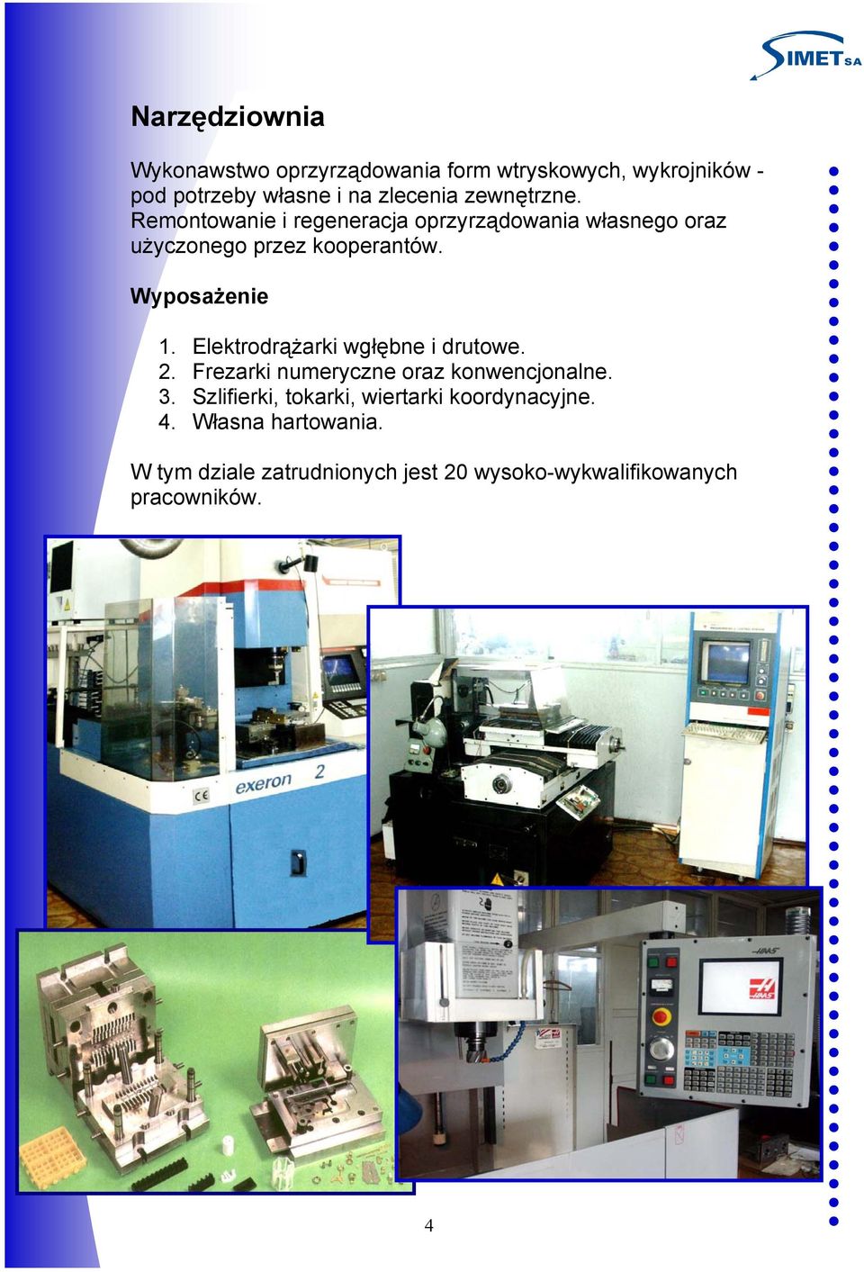 Wyposażenie 1. Elektrodrążarki wgłębne i drutowe. 2. Frezarki numeryczne oraz konwencjonalne. 3.