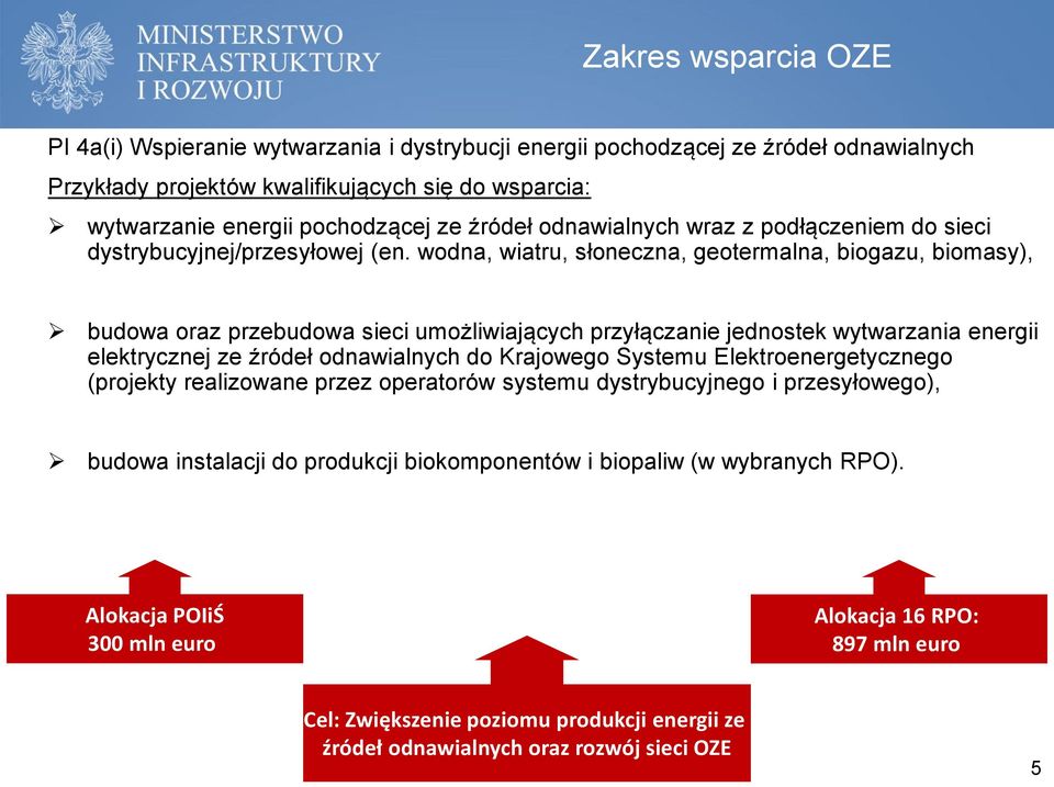 wodna, wiatru, słoneczna, geotermalna, biogazu, biomasy), budowa oraz przebudowa sieci umożliwiających przyłączanie jednostek wytwarzania energii elektrycznej ze źródeł odnawialnych do Krajowego