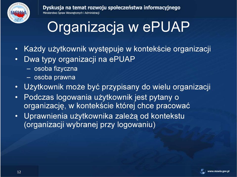 organizacji Podczas logowania użytkownik jest pytany o organizację, w kontekście której